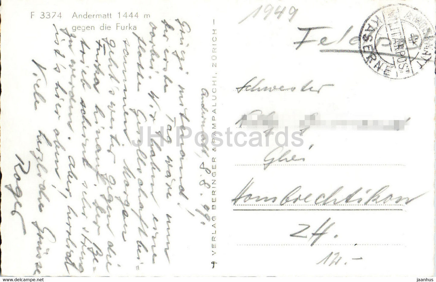 Andermatt 1444 m gegen die Furka - military mail - Feldpost - 3374 - old postcard - 1941 - Switzerland - used