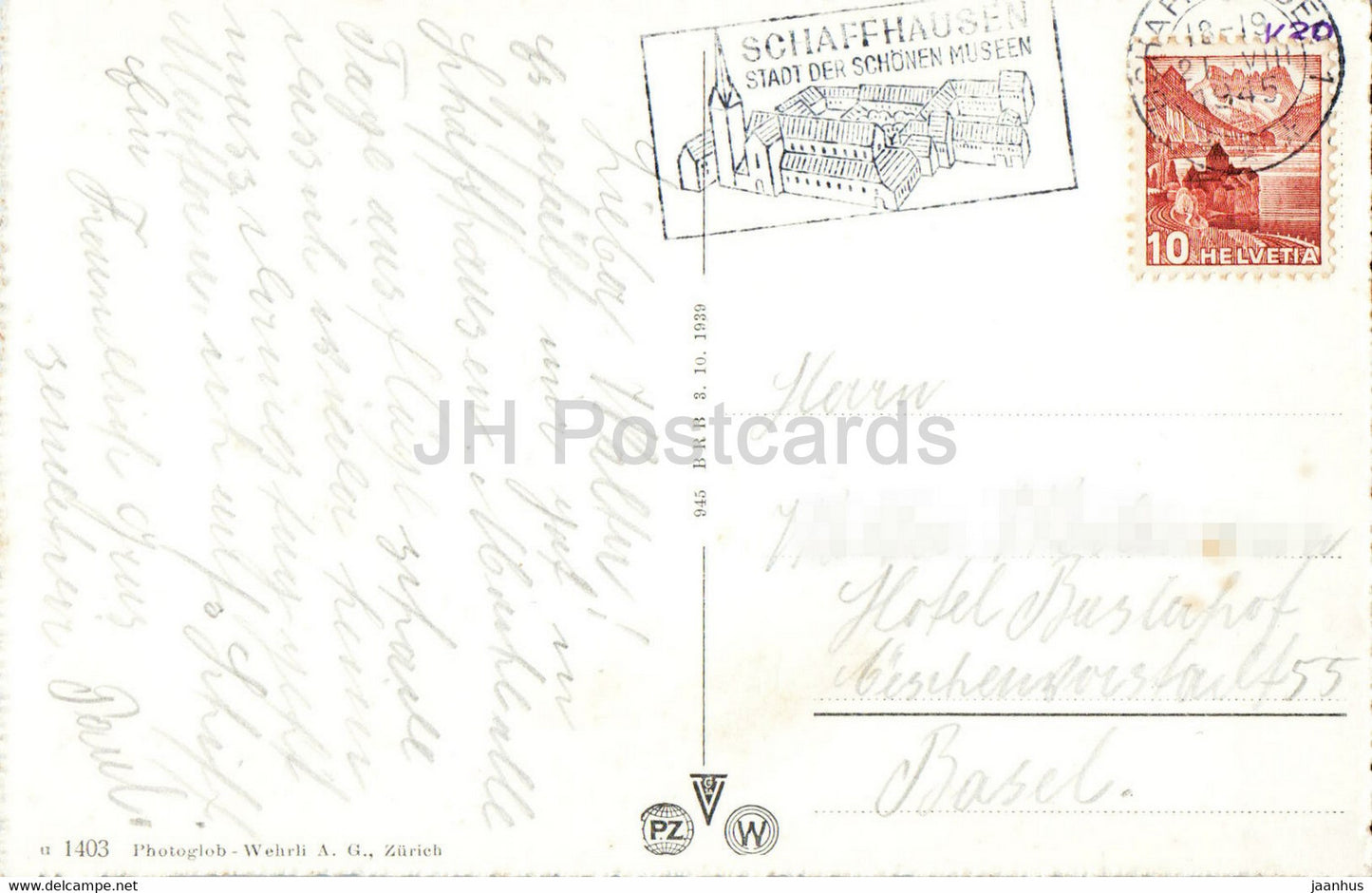 Schaffhausen mit Munot - navire - 1403 - carte postale ancienne - 1945 - Suisse - utilisé