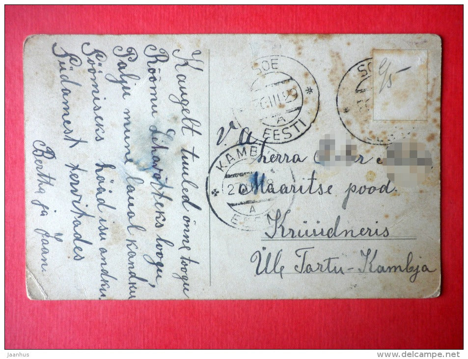 easter greeting card - lily of the valley - hare - farm house - circulated in Estonia Kambja Soe 1939 - JH Postcards