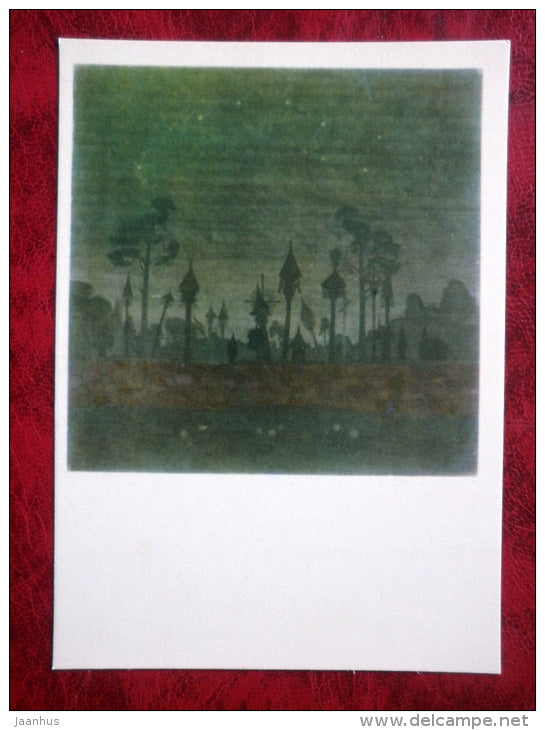 Painting by Lithuanian composer M. K. Ciurlionis - The Graveyard of Zhemaitija - lithuanian art - 1976 - unused - JH Postcards