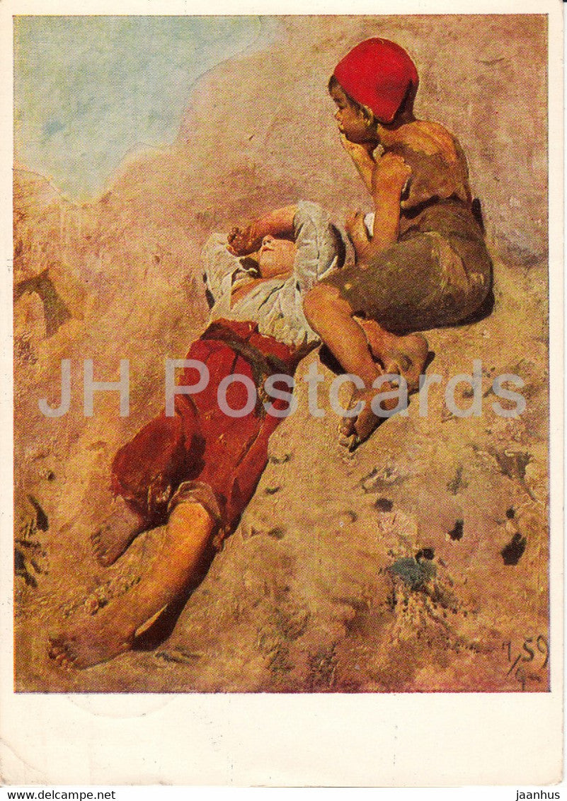 painting by Franz von Lenbach - Italienische Hirtenknaben - italian boys - German art - 1960 - Germany - used - JH Postcards