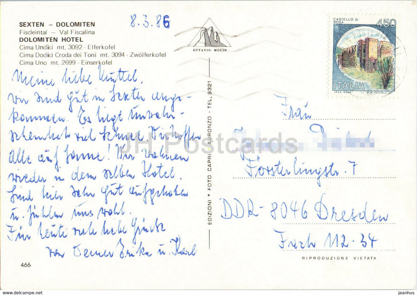 Sexten - Fischleintal - Val Fiscalina - Cima Undici - Elferkofel - Zwolferkofel - horse sledge - 1986 - Italy - used