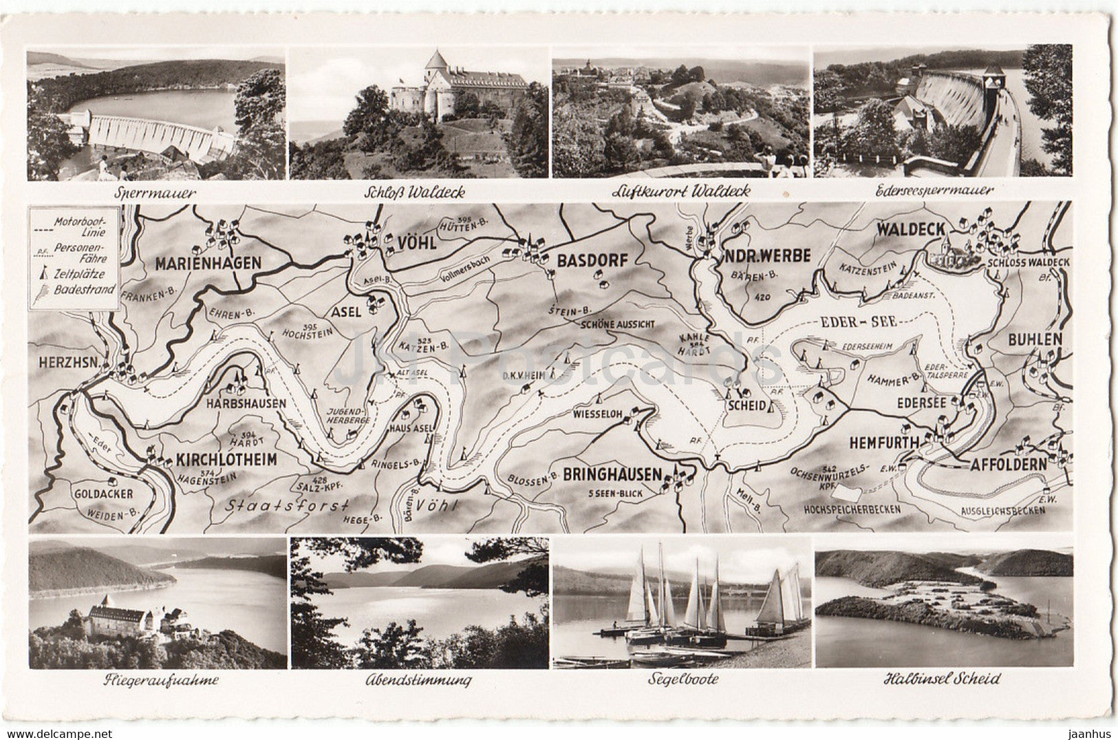 Edertalsperre - Sperrmauer - Schloss Waldeck - Fliegeraufnahme - Abendstimmung - Segelboote - Germany - unused - JH Postcards