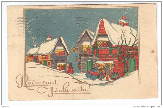 Christmas Greeting Card - town houses - 2842 - old postcard - circulated in Estonia 1938 Tallinn - used - JH Postcards