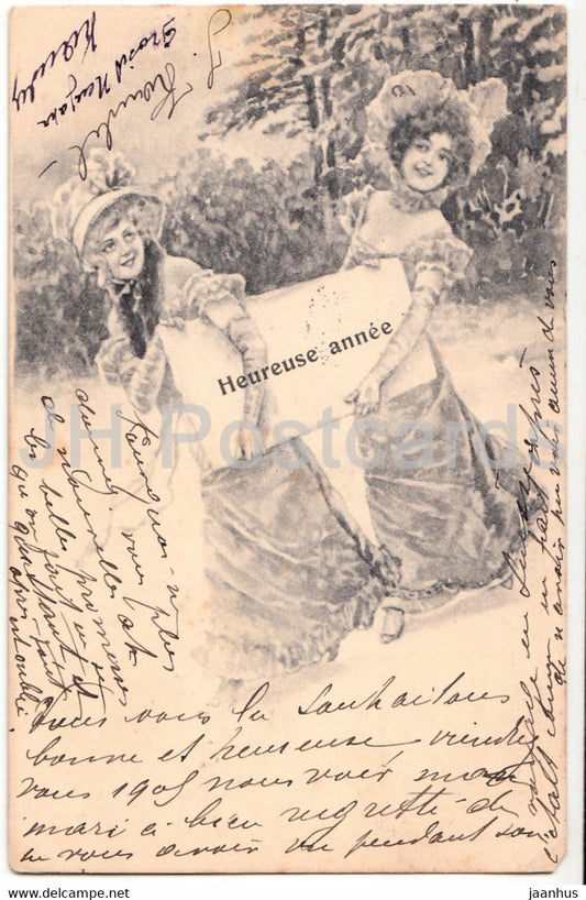 New Year Greeting Card - Heureuse Annee - women - B K W  2533/5 - old postcard - 1905 - France - used - JH Postcards