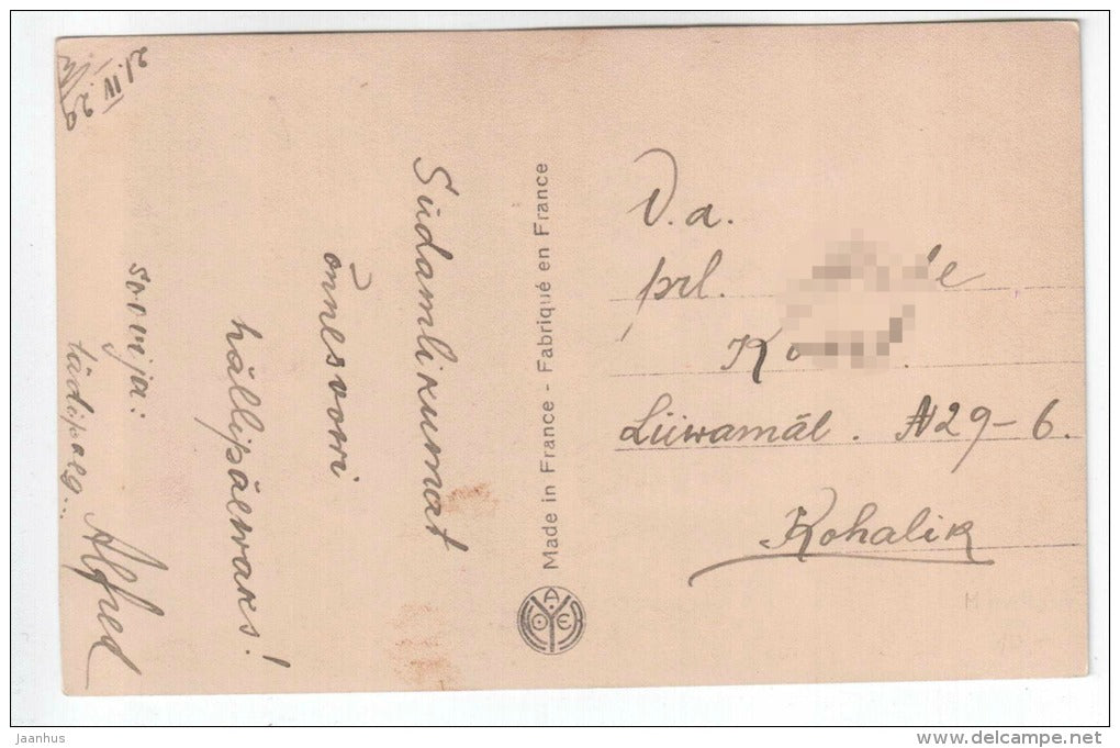 man and woman - flowers - couple - NOYER 1652 - old postcard - circulated in Estonia 1929 - used - JH Postcards