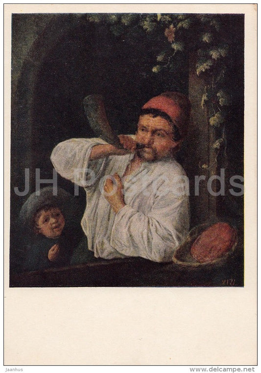 painting by Adriaen van Ostade - Baker - horn - Dutch art - 1955 - Russia USSR - unused - JH Postcards