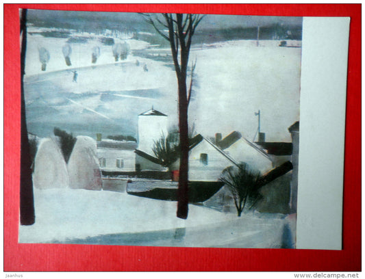 painting by I. Vecozols - March month in Vidzeme . 1967 - winter - house - aquarelle - latvian art - unused - JH Postcards