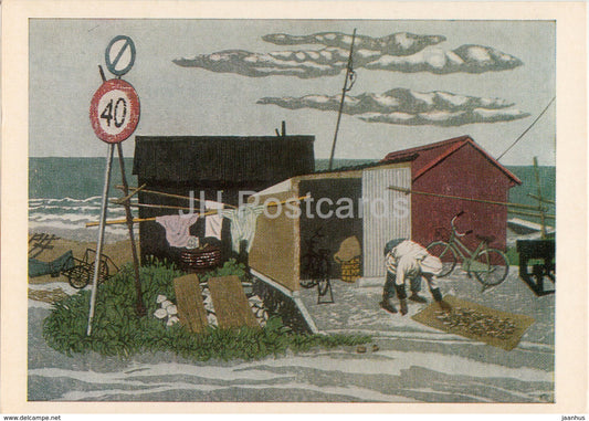 painting by Fumio Kitaoka - Fisherman House , 1969 - bicycle - Japanese art - 1974 - Russia USSR - unused - JH Postcards