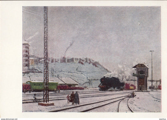 drawing by Georgy Nissky - Near the Moscow - train - railway - Soviet art - 1965 - Russia USSR - unused - JH Postcards