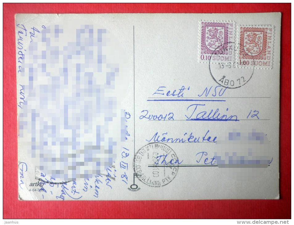 illustration - girl and cat - besom - Finland - sent from Finland Turku to Estonia USSR 1981 - JH Postcards