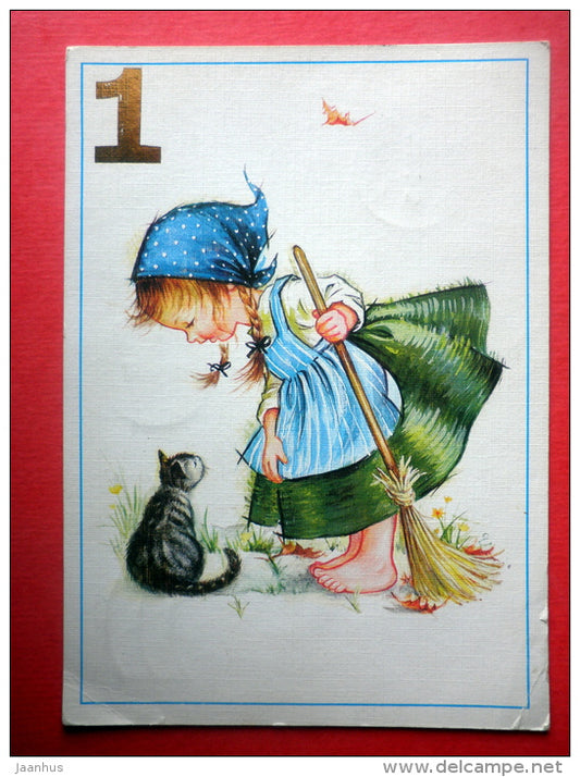 illustration - girl and cat - besom - Finland - sent from Finland Turku to Estonia USSR 1981 - JH Postcards