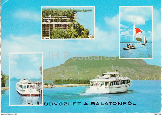 Greetings from lake Balaton - boat - sailing boat - multiview - 1970s - Hungary - used - JH Postcards