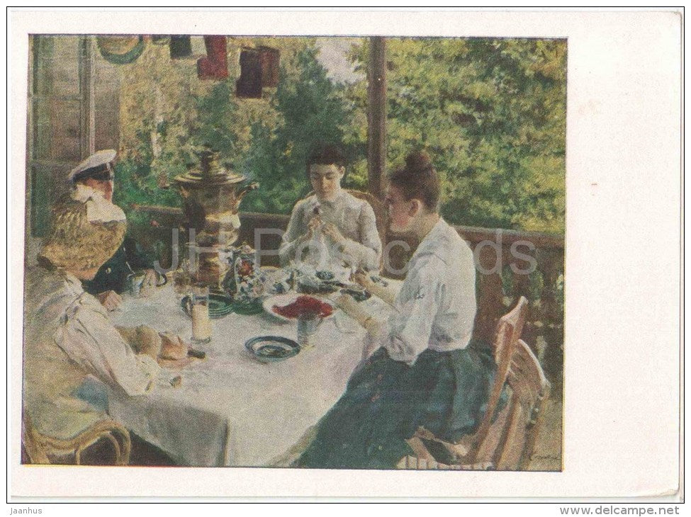 painting by K. Korovin -  At the tea table - samovar - russian art  - unused - JH Postcards