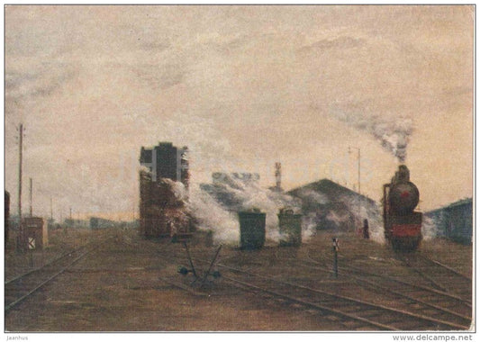 painting by B. Yakovlev - 1 - Transport is getting better - train - locomotive - railway - russian art - unused - JH Postcards