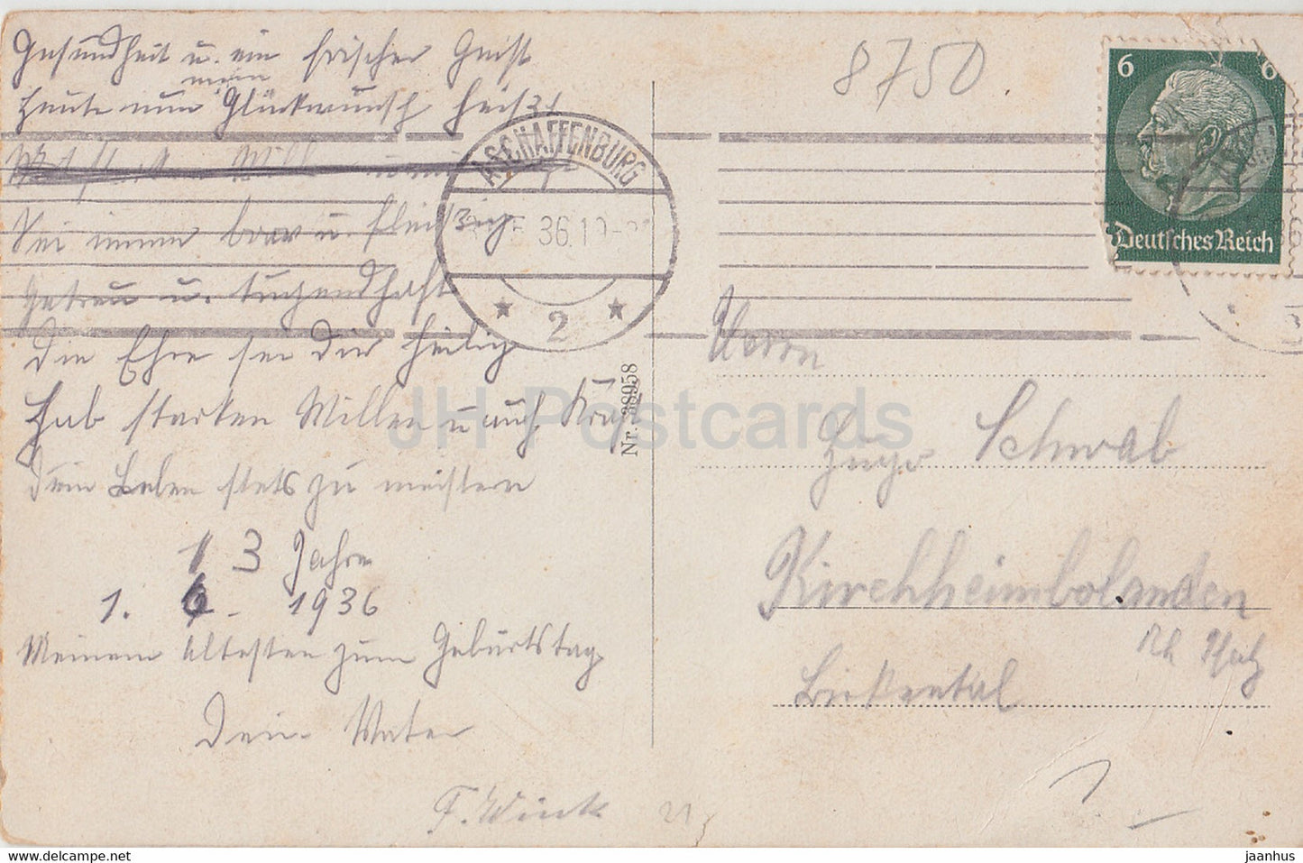 Aschaffenburg - Schloss - castle - old postcard - 1936 - Germany - used