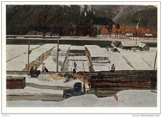 painting by E. Gudin - Sverdlovsk . First Snow , 1963 - truck - forest industry - russian art - unused - JH Postcards