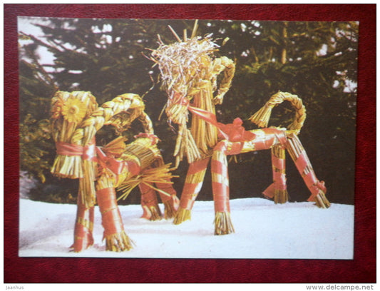 New Year Greeting card - straw animals - 1985 - Estonia USSR - unused - JH Postcards