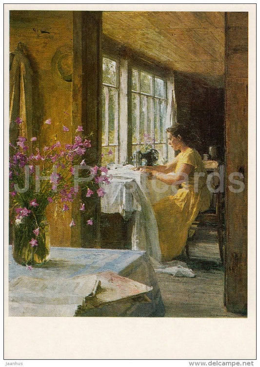 painting by A. Gritsai - On the Veranda , 1958 - woman sewing - machine - Russian art - 1986 - Russia USSR - unused - JH Postcards