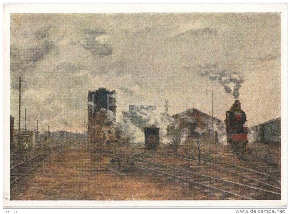 painting by B. Yakovlev - Transport Coming Back to Normal - train - locomotive - railway - russian art - unused - JH Postcards
