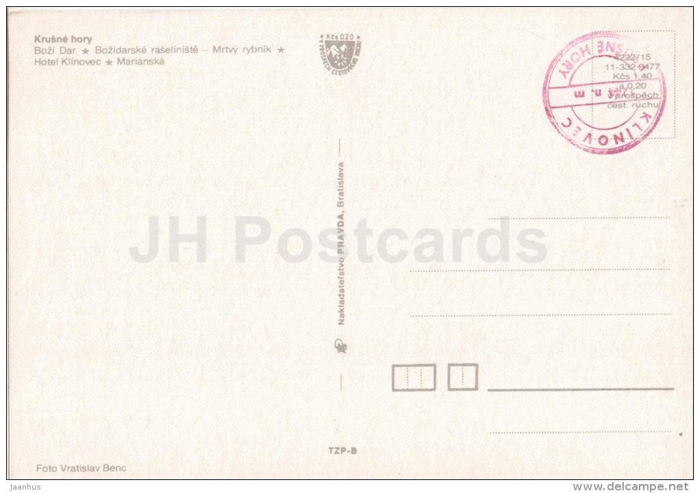 Krusne Hory - Bozi Dar - hotel Klinovec - beat-bog - Marianska - architecture - Czechoslovakia - Czech - unused - JH Postcards