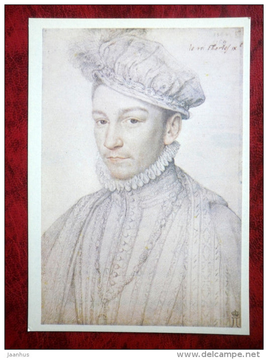 Drawing by Francois Clouet - Portrait of Charles IX . 1569 - french art - unused - JH Postcards