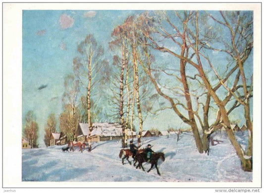 painting by K. Yuon - March Sun - horses - winter - russian art - unused - JH Postcards