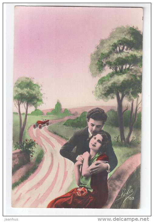 man and woman - flowers - couple - old car - LOLA 153 - old postcard - circulated in Estonia 1931- used - JH Postcards