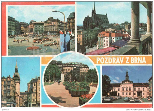 Brno - tram - Freedome square - Petrov - Old Town Hall - Red Army square - New Town Hall - Czechoslovakia - Czech - used - JH Postcards