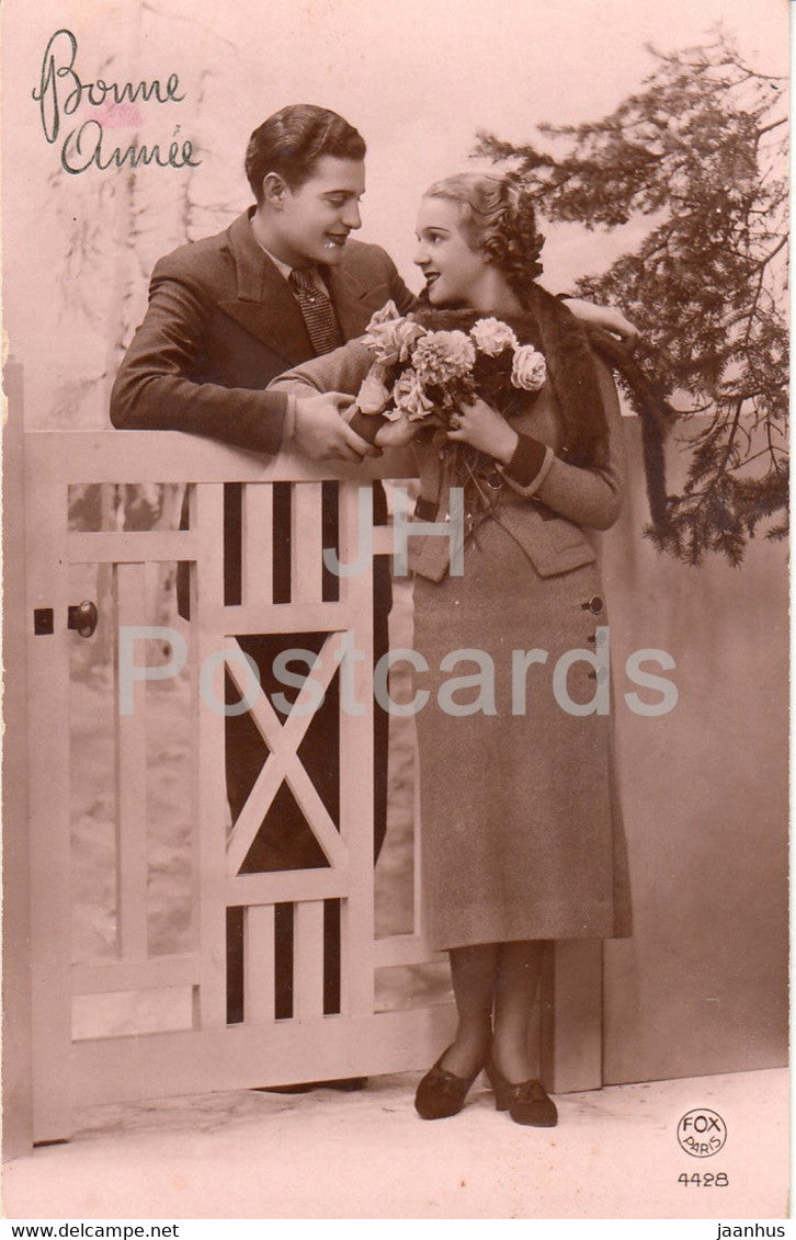 New Year Greeting Card - Bonne Annee - couple - Fox Paris 4428 - old postcard - France - used - JH Postcards
