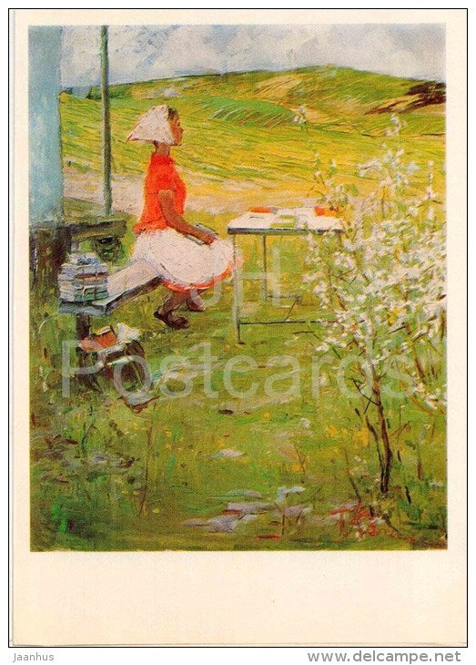 painting by T. Kapkanets - Book-Peddler , 1972 - woman  - russian art - unused - JH Postcards