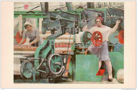 painting by Alexander Samokhvalov - Weaving Shop , 1929 - factory - The Russian Museum - russian art - unused - JH Postcards
