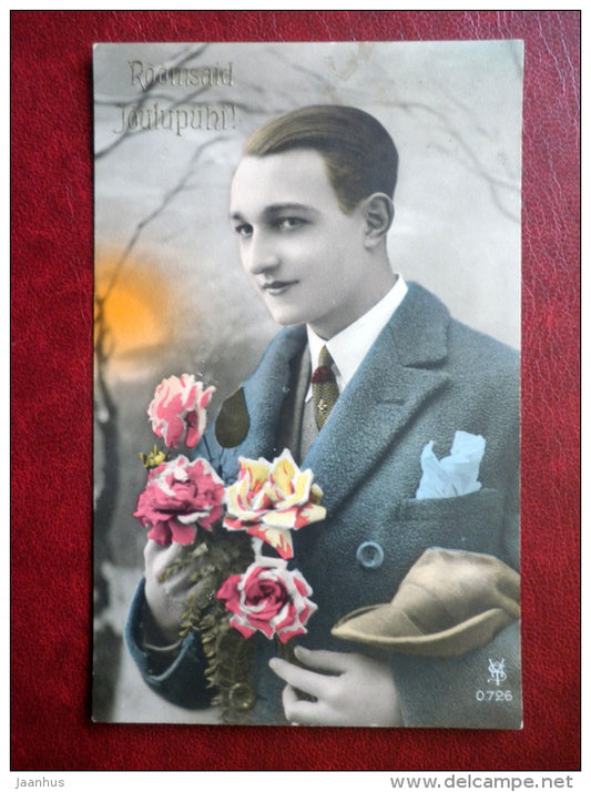 Christmas Greeting Card - man with roses - YSA 0726 - circulated in Estonia 1928 , Tallinn - France - used - JH Postcards