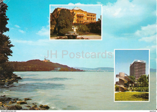 Greetings from the lake Balaton - hotel - lake - multiview - 1970s - Hungary - used - JH Postcards