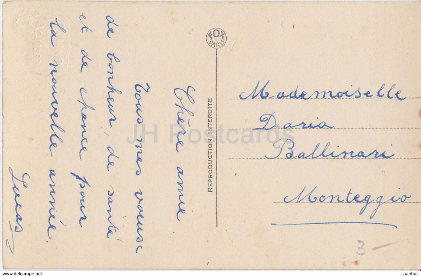 Carte de voeux Nouvel An - Bonne Annee - couple - Fox Paris 4428 - carte postale ancienne - France - occasion