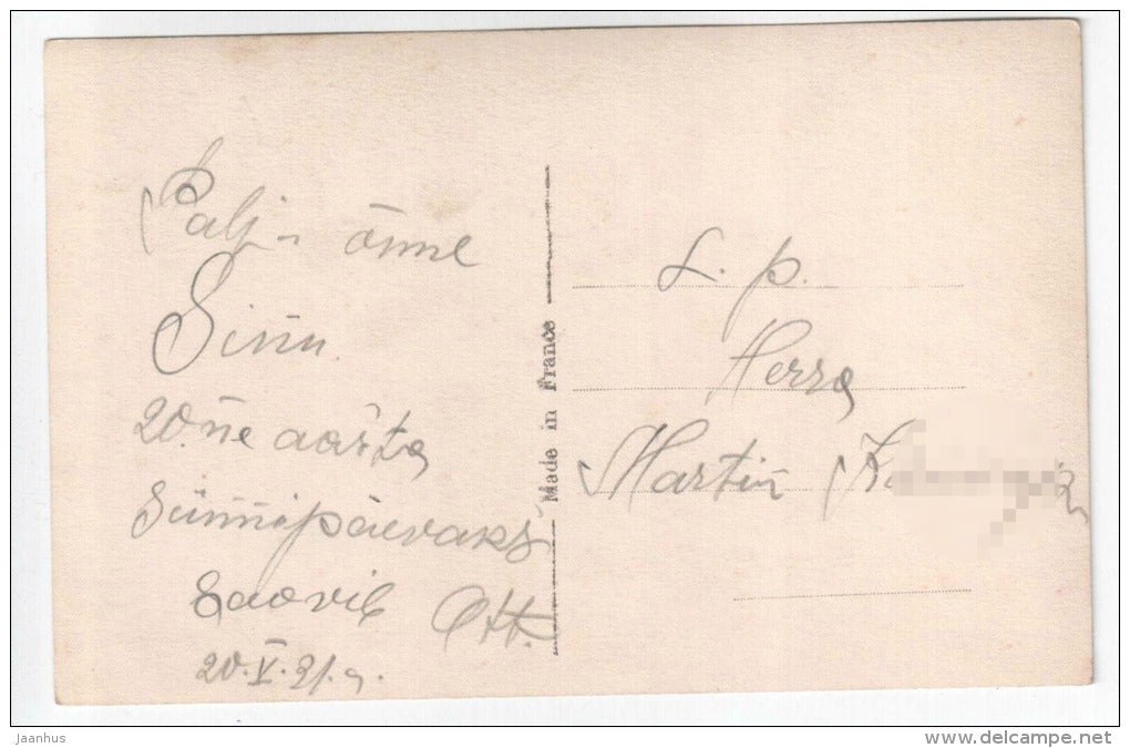 man and woman - flowers - couple - old car - LOLA 153 - old postcard - circulated in Estonia 1931- used - JH Postcards