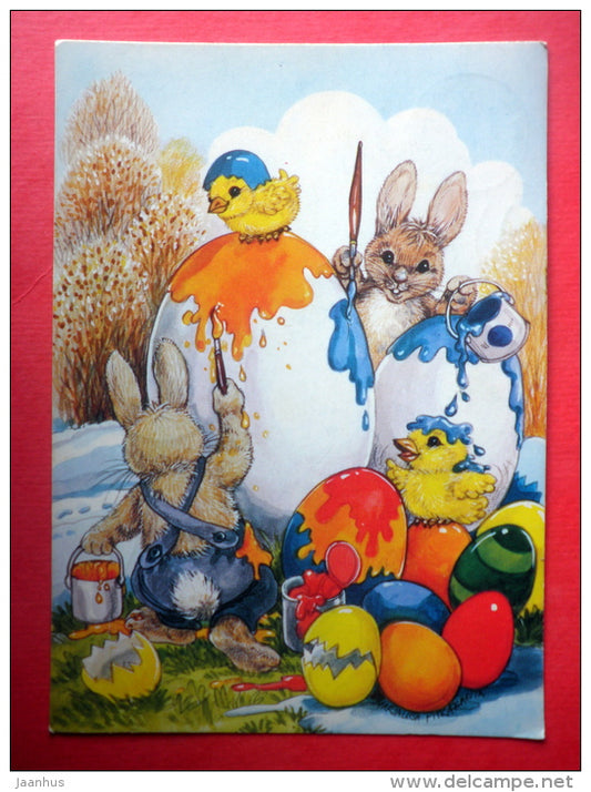 Easter Greeting Card by Marjaliisa Pitkäranta - chick - hare - eggs - Finland - sent from Finland to Estonia USSR 1985 - JH Postcards