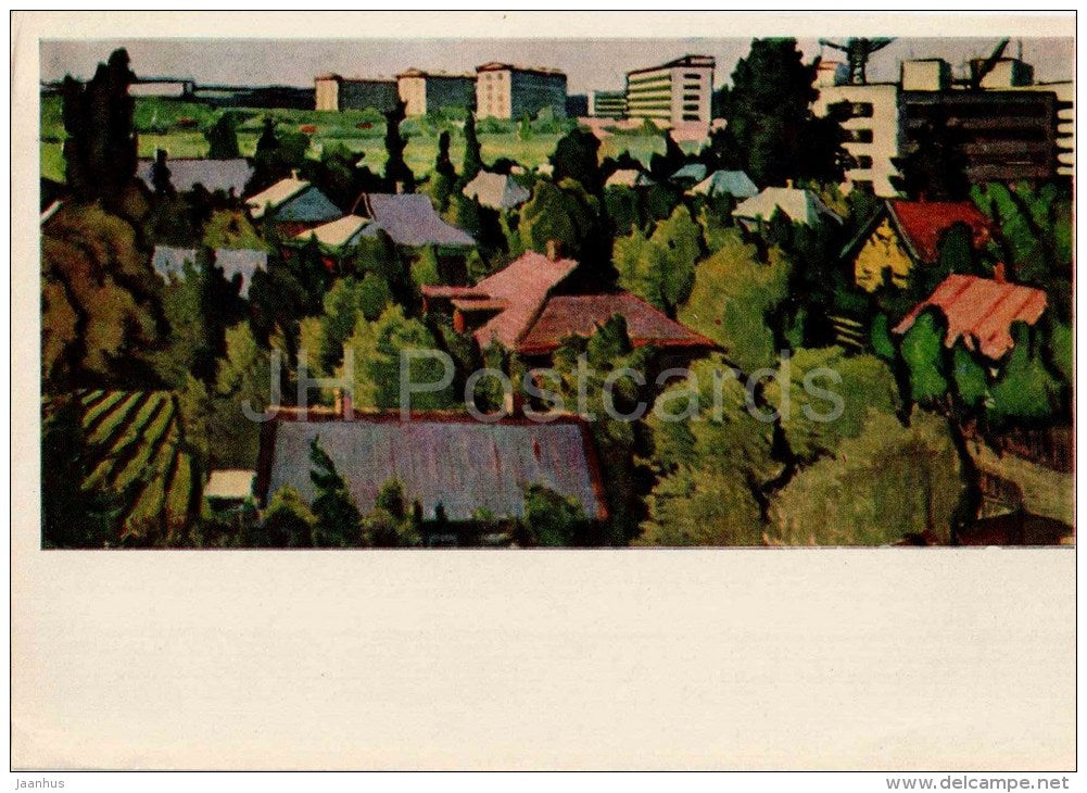 painting by I. Karas - New neighborhood , 1968 - houses  - ukraine art - unused - JH Postcards