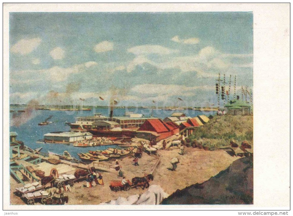 painting by K. Yuon - Pskov . Etude , 1904 - river - boat - horse carriage - russian art - unused - JH Postcards