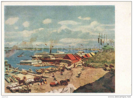 painting by K. Yuon - Pskov . Etude , 1904 - river - boat - horse carriage - russian art - unused - JH Postcards