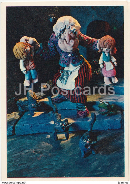 Hansel and Gretel by Brothers Grimm - witch - cats - dolls - Fairy Tale - 1975 - Russia USSR - unused - JH Postcards