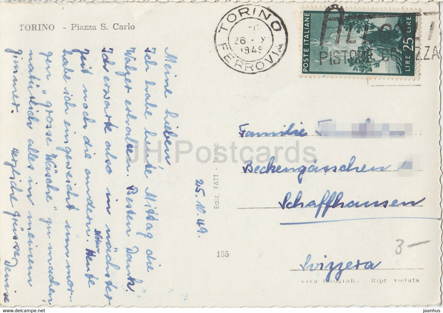 Turin - Turin - Piazza S Carlo - Platz - Straßenbahn - alte Postkarte - 1949 - Italien - gebraucht