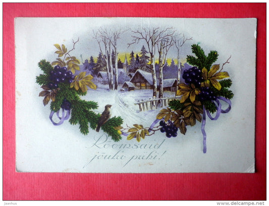 christmas greeting card - winter - house - church - bird - BR 7883 - old postcard - circulated in Estonia - JH Postcards