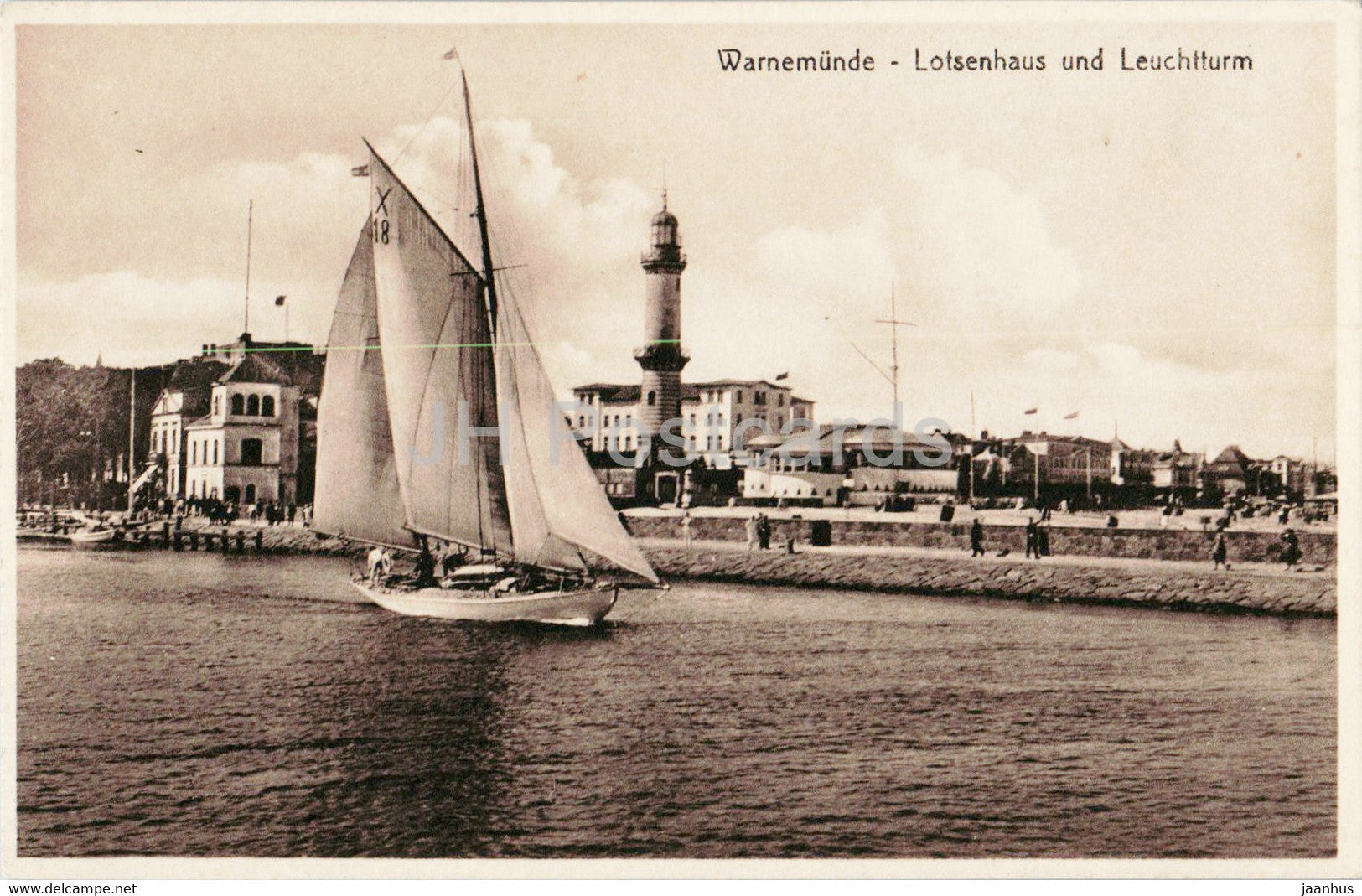 Warnemunde - Lotsenhaus und Leuchtturm - sailing boat - lighthouse - old postcard - Germany - unused - JH Postcards