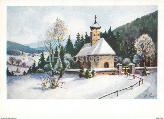 painting by H. Pohl - Church  - 1129 - old postcard - unused - JH Postcards