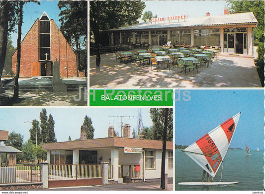 Balaton - Balatonfenyves - church - windsurfing - multiview - 1980s - Hungary - used - JH Postcards
