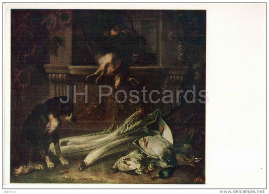 painting by Francois Deportes - Dog and Fowl - hare - duck - french art - unused - JH Postcards