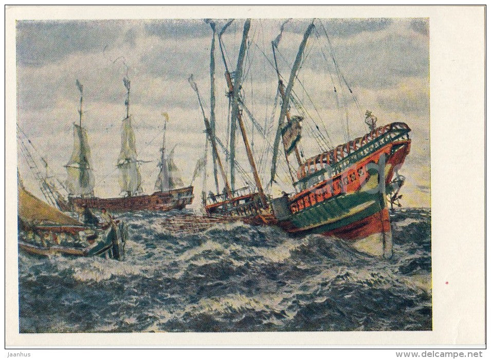 painting by E. Lanceray - Sailing Ships of Peter the Great Era , 1911 - sea - Russian art - 1966 - Russia USSR - unused - JH Postcards