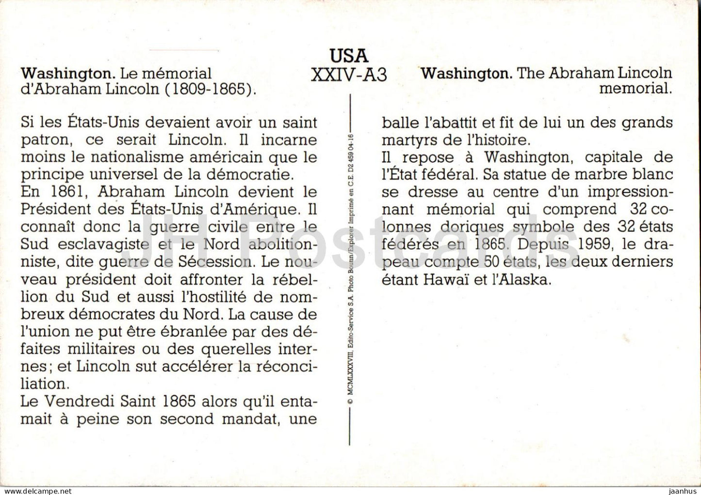 Washington - The Abraham Lincoln Memorial - A3 - USA - unused
