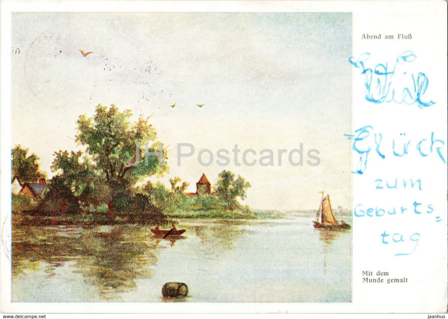 painting - Abend am Fluss - Kunst der Mund und Fuss Schaffenden - old postcard - German art - Germany - used - JH Postcards